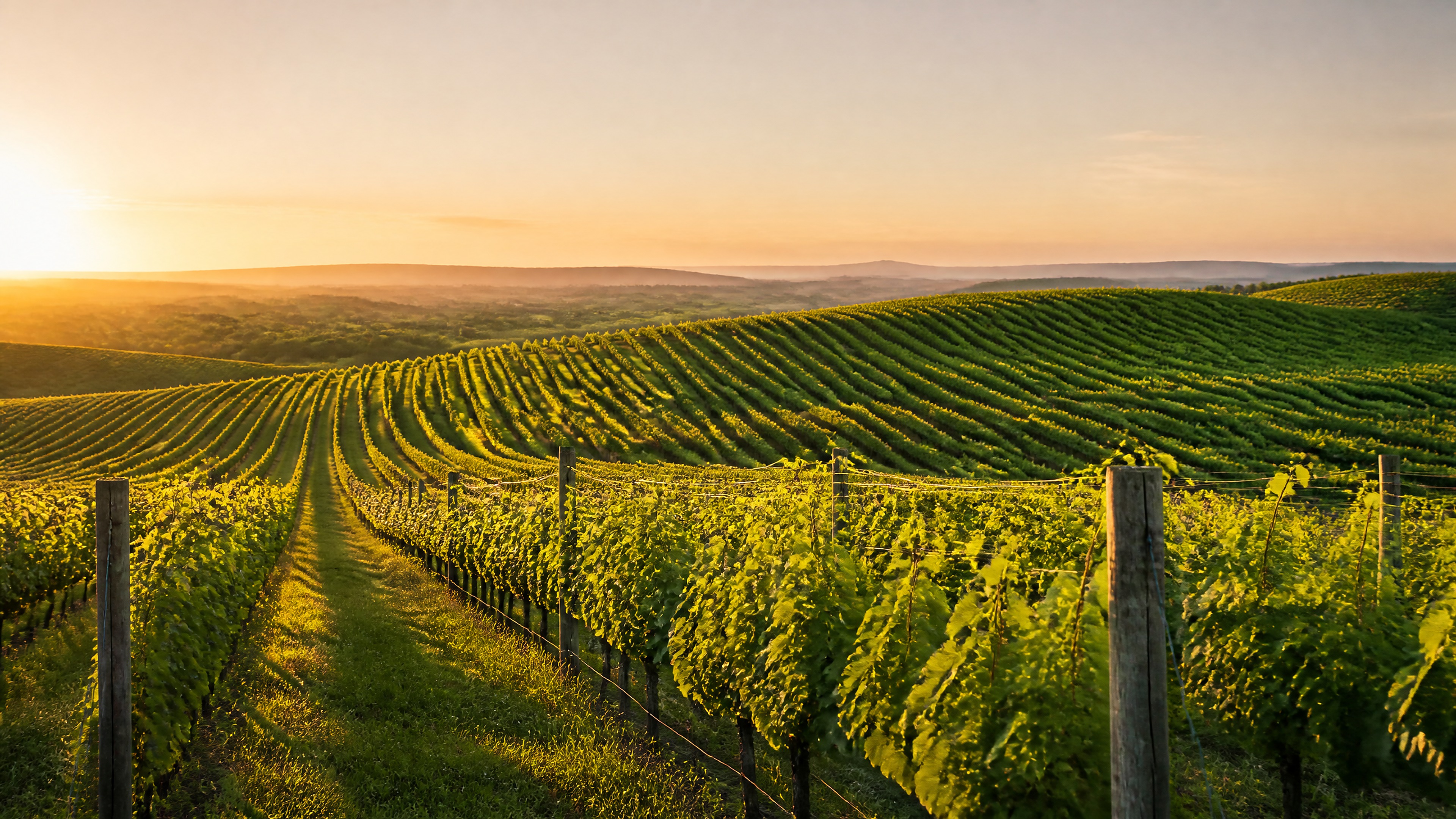 Golden-hour vineyard rows of grapevines at high resolution