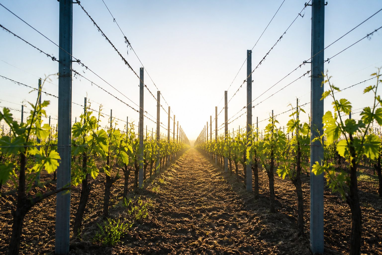 A long vineyard row of trellis posts and wires in perspective